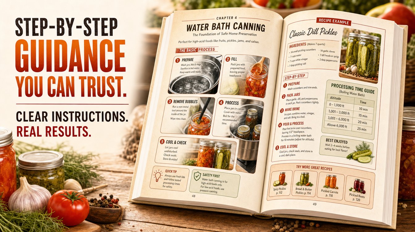 Inside — step-by-step water bath and pressure canning methods explained simply